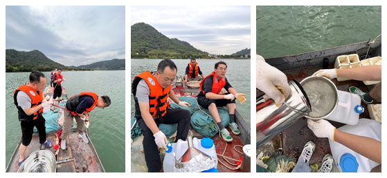 Prof. ZHANG GAN, Prof. LI JUN and HU ZHICHENG were collecting water and sediment samples